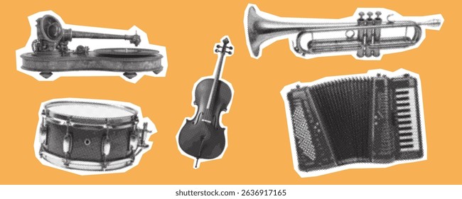 Musical Instruments Collection, Vector Halftone Illustration