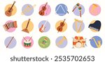 Musical instruments collection.Violin, maracas,accordion,piano,drums,guitar, flute,triangle,bass guitar,horn,harp,flute,tambourine,cello,xylophone icons on colored background.Vector cartoon flat style