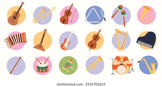 Musical instruments collection.Violin, maracas,accordion,piano,drums,guitar, flute,triangle,bass guitar,horn,harp,flute,tambourine,cello,xylophone icons on colored background.Vector cartoon flat style