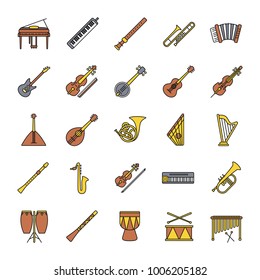 Musical instruments color icons set. Orchestra equipment. Stringed, wind, percussion instruments. Isolated vector illustrations