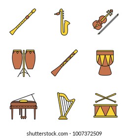 Musical instruments color icons set. Flute, saxophone, violin, conga, didgeridoo, kendang, piano, harp, drum. Isolated vector illustrations