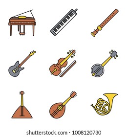Musical instruments color icons set. Piano, melodica, duduk, electric guitar, viola, banjo, balalaika, mandolin, french horn. Isolated vector illustrations