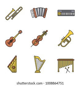 Musical instruments color icons set. Trombone, accordion, mellotron, guitar, cello, flugelhorn, gusli, harp, marimba. Isolated vector illustrations