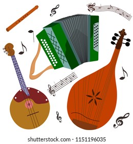 Musical instruments color set. bandura, accordion, pipe. Isolated vector illustrations