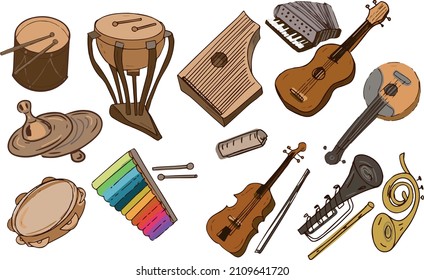 Musical instruments color vector illustration hand drawn music holiday orchestra folk instruments guitar violin. Set of individual elements on a white background. Music festival concert 