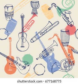 Musical instruments. Colored seamless pattern. Hand drawn vector illustration
