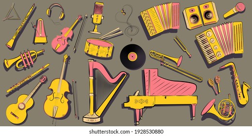 Instrumentos musicales - objetos coloridos de diseño plano