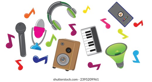 Musical instruments - colorful flat design style objects (Microphone, Speaker, Headphone, Keyboard, Megaphone, and Handphone) 