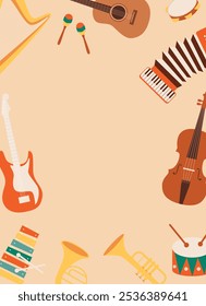 Instrumentos musicais fundo divertido colorido com guitarra, acordeão, violoncelo, tambor, harpa, baixo, xilofone, trompete. Banner de música, cartaz, folheto. Estilo de desenho animado de ilustração vetorial.