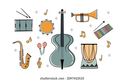 Musical instruments - colorful objects in flat design style. Vector illustration in flat style