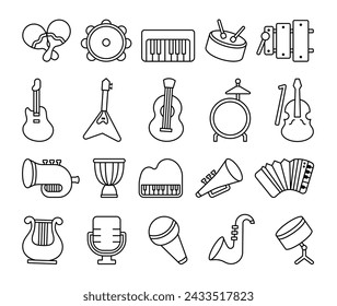 Musical instruments. Coloring Page. Music stuff for classical orchestra. Hand drawn style. Vector drawing. Collection of design elements.