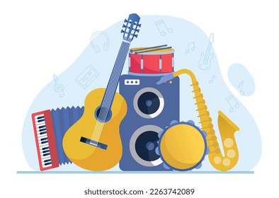 Musical instruments composition. Guitar, drum, accordion and saxophone near large audio speaker. Set of instruments for performance of musical group. Cartoon flat vector illustration