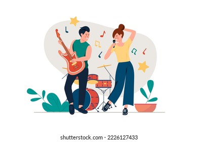 Musical instruments concept with people scene in the flat cartoon design. Boy plays the guitar and the girl sings to him into the microphone. Vector illustration.