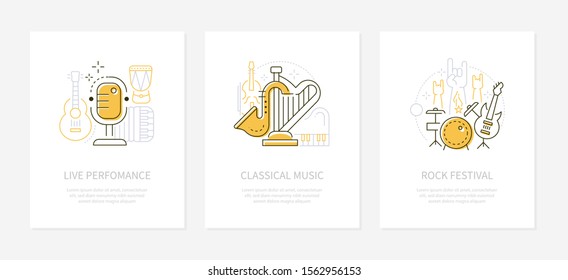 Musical instruments and concerts - vector line design style banners with space for text. Live performance, rock festival, classical music ideas. Shows and entertainment linear illustrations with icons