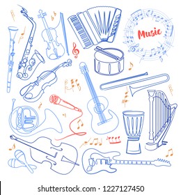 Musical instruments continuous one line color drawing. Orchestra equipment. Isolated contour cliparts. Stringed, wind, percussion instruments. Hand drawn collection. Minimalistic vector illustration