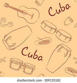 Musical instruments Cuba hand drawn vector pattern 