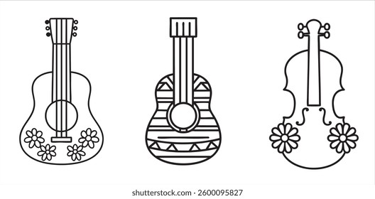 Musical instruments with decorative designs, including guitars and a violin.