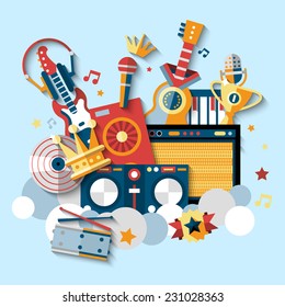 Musical instruments decorative icons set with guitar drums headphones vector illustration.