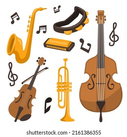 Musical instruments design element. Musical equipment such as saxophone, harmonica, violin, trumpet, cello, percussion.