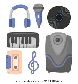 Musical instruments design element. Musical equipment such as headphones, mics, turntables, speakers, keyboards, cassette tapes, notes.