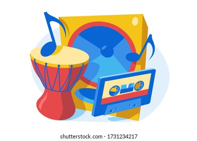 Musical instruments and device vector illustration. Drum, music column, cassette and notes flat style concept. Music concept. Isolated on white background