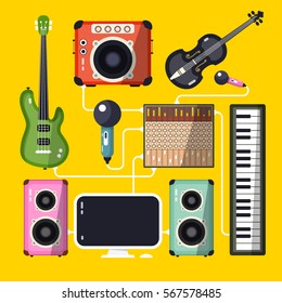 Musical Instruments and Devices on Yellow Background. Vector Flat Design Home Recording Studio.
