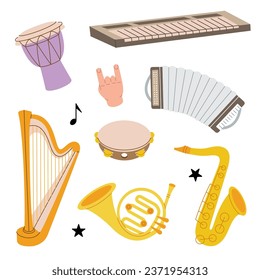 Musical instruments. Djembe drum, bongo, congo, synthesizer piano, accordion, saxophone, french horn, lyre, wooden harp. Vector illustration.