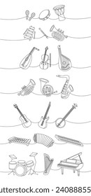 Musical instruments. Djembe drum, bongo, maracas, xylophone, flute, trumpet, lute, violin, bandura, tuba, french horn, saxophone, guitar.