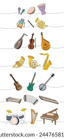 Musical instruments. Djembe drum, bongo, maracas, xylophone, flute, trumpet, lute, violin, bandura, tuba, french horn, saxophone, guitar.