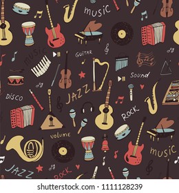 musical instruments doodle hand drawn seamless pattern