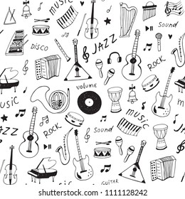 musical instruments doodle hand drawn seamless pattern