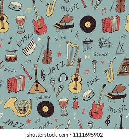 musical instruments doodle hand drawn seamless pattern