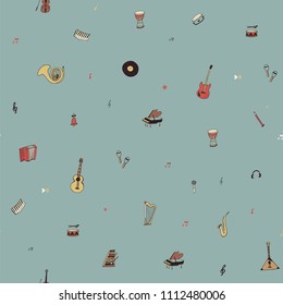 musical instruments doodle hand drawn seamless pattern