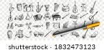 Musical instruments doodle set. Collection of hand drawn sketches templates drawing patterns of music instrument piano drums guitar flute saxophone on transparent background. Art and creativity.