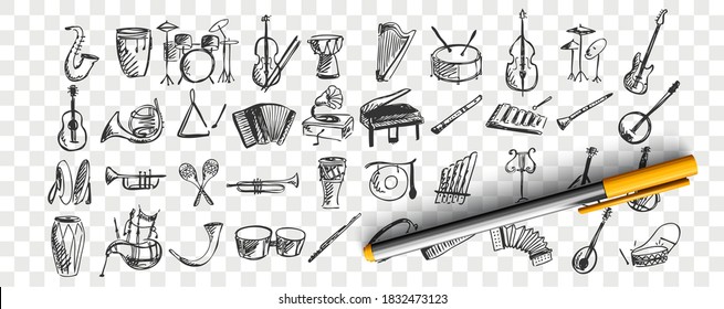 Musical instruments doodle set. Collection of hand drawn sketches templates drawing patterns of music instrument piano drums guitar flute saxophone on transparent background. Art and creativity.