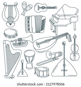 Musical instruments doodle set. Collection of classical orchestra instruments hand drawn. Music equipment isolated vector illustration