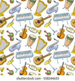 Musical instruments doodle vector seamless pattern. Cute line art simply illustration with harp, saxophone, trumpet, piano, percussion, violin. Music background