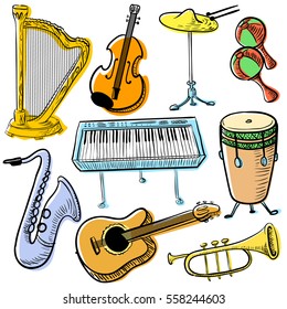 Musical instruments doodle vector set. Cute line art simply illustration with harp, saxophone, trumpet, piano, percussion, violin