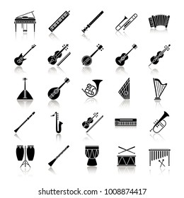 Musical instruments drop shadow black glyph icons set. Orchestra equipment. Stringed, wind, percussion instruments. Isolated vector illustrations