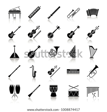 Musical instruments drop shadow black glyph icons set. Orchestra equipment. Stringed, wind, percussion instruments. Isolated vector illustrations
