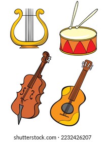 Musical instruments. Drum. Guitar. Lyra. Vector illustration for children. Black outline.