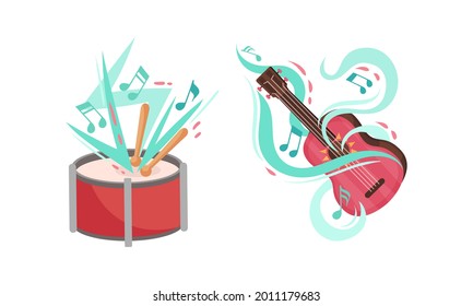 Musical Instruments with Drum and Guitar Twisted with Decorative Swirling Line and Note Vector Set