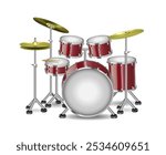 Musical instruments. Drum kit on white background. Red drums. Vector realistic 3d illustration