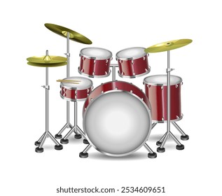 Instrumentos musicais. Kit de tambor sobre fundo branco. Tambores vermelhos. Ilustração em 3d realista de vetor