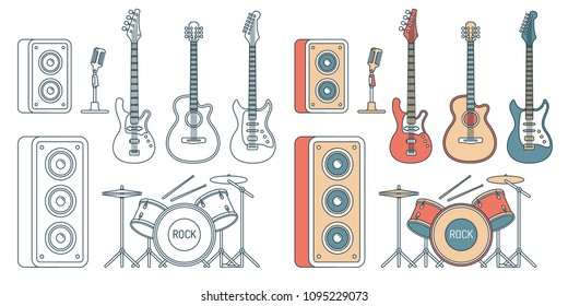 Musical instruments - electric and acoustic guitars, bass, drum set and speakers. Contour illustration color and monochrome.