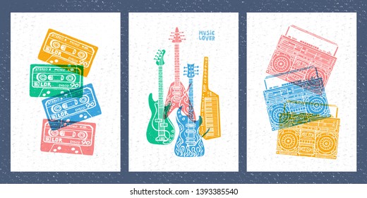 Musical instruments, electric guitar, bass guitar, keyboards, piano, tape recorder, cassette, retro music lover slogan graphic for t shirt design posters prints covers. Hand drawn vector illustration.