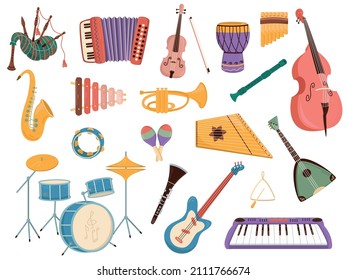 Instrumentos musicales. Instrumentos electrónicos y tradicionales, herramientas orquestales aisladas al estilo de las caricaturas. Brass, cuerdas y percusión. Música moderna y étnica, conjunto vectorial de colores vivos