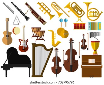 Musical instruments elements collection, flat icons set, Colorful symbols pack contains - Guitar trombone flute violin piano saxophone accordion drum. Vector illustration. Flat style design