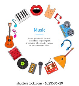 Musical Instruments and Equipment Banner Card Circle Include of Guitar, Keyboard, Microphone, Drum and Headphone. Vector illustration of stickers