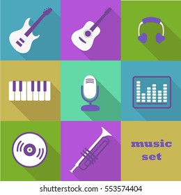 Musical instruments and equipment. Flat vector icons.